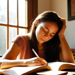 **Introspective Woman:** A woman sitting comfortably, eyes closed, in a sunlit room. She is surrounded by journals and pens, deep in thought, visualizing past experiences. Soft, warm colors dominate the scene. The focus is on her inner reflection and search for core values.