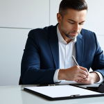 A professional adult individual, fully clothed in a modest business suit, sitting contemplatively at a sleek modern desk. They are looking at a tablet, a subtle glow suggesting a new idea or deep realization, with naturally posed hands holding a pen. The background is a clean, minimalist office space with soft, natural light, symbolizing clarity. A subtle, elegant design element of a compass is visible on the desk. High-quality professional photography, perfect anatomy, correct proportions, natural body proportions, well-formed hands, proper finger count. Safe for work, appropriate content, fully clothed, professional dress, modest.