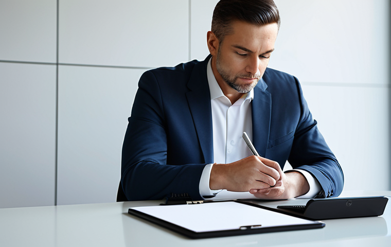 A professional adult individual, fully clothed in a modest business suit, sitting contemplatively at a sleek modern desk. They are looking at a tablet, a subtle glow suggesting a new idea or deep realization, with naturally posed hands holding a pen. The background is a clean, minimalist office space with soft, natural light, symbolizing clarity. A subtle, elegant design element of a compass is visible on the desk. High-quality professional photography, perfect anatomy, correct proportions, natural body proportions, well-formed hands, proper finger count. Safe for work, appropriate content, fully clothed, professional dress, modest.