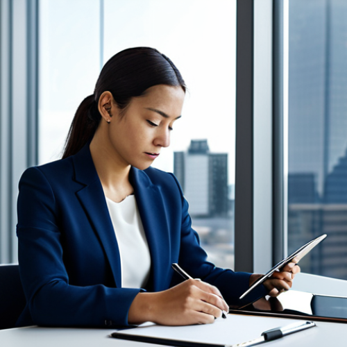 Home 8 A professional woman, diverse background, in a modest, dark blue business suit, seated at a sleek modern desk in a well-lit, minimalist office. She is thoughtfully sketching ideas on a digital tablet, reflecting deep concentration and purposeful action. The background features a large window with a blurred cityscape, emphasizing her focus amidst a dynamic world. The scene is well-composed with soft, natural lighting, perfect anatomy, correct proportions, well-formed hands, natural body proportions, fully clothed, appropriate attire, safe for work, professional, high quality professional photography.