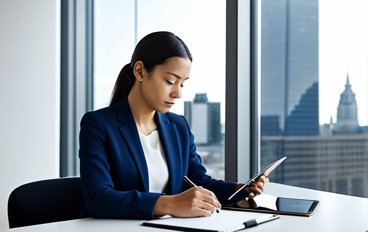 A professional woman, diverse background, in a modest, dark blue business suit, seated at a sleek modern desk in a well-lit, minimalist office. She is thoughtfully sketching ideas on a digital tablet, reflecting deep concentration and purposeful action. The background features a large window with a blurred cityscape, emphasizing her focus amidst a dynamic world. The scene is well-composed with soft, natural lighting, perfect anatomy, correct proportions, well-formed hands, natural body proportions, fully clothed, appropriate attire, safe for work, professional, high quality professional photography.