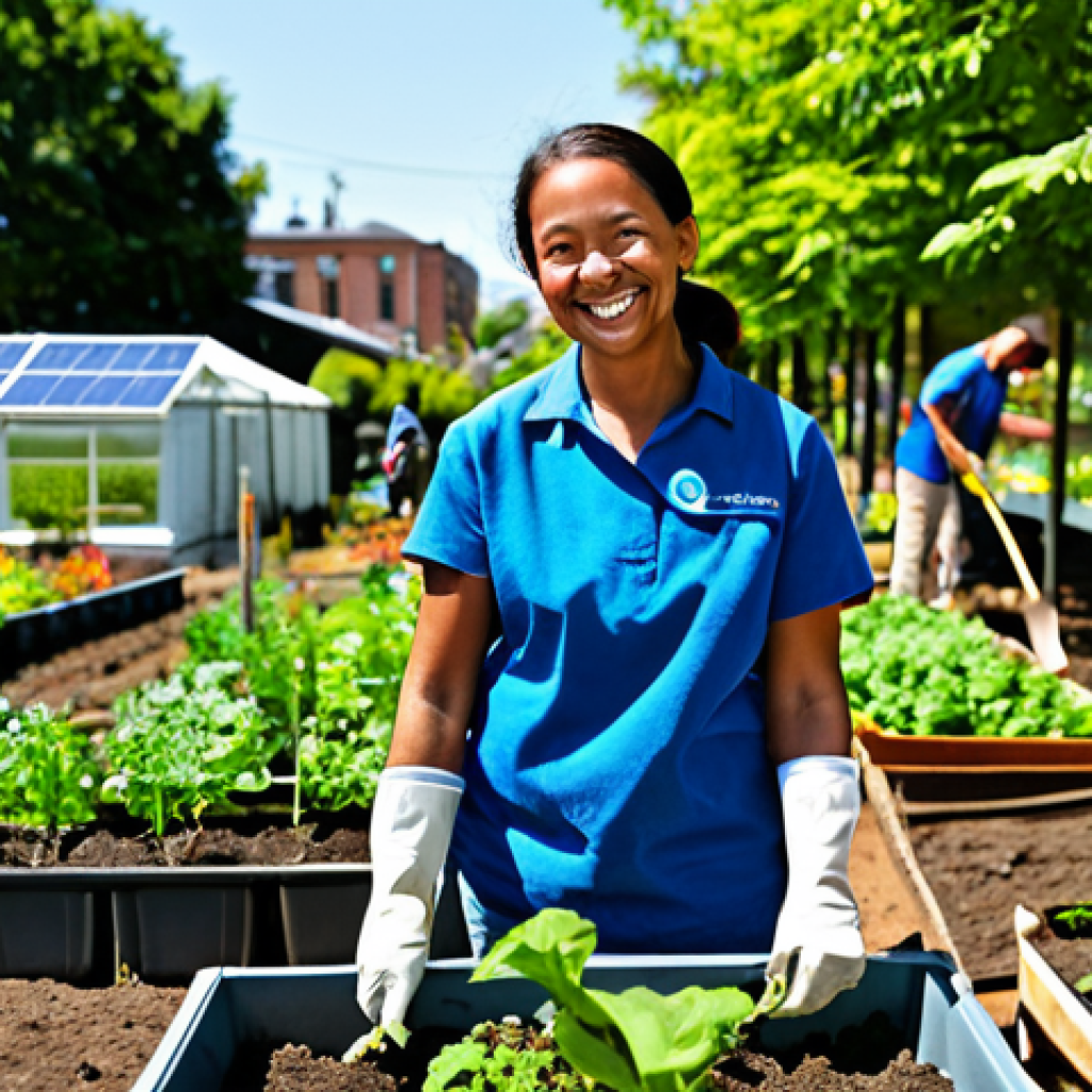 **
"A woman smiling, tending a vibrant community garden in a sunny urban setting. She is fully clothed in modest gardening attire, wearing gloves and holding a seedling. The background shows diverse people working together, lush greenery, and solar panels on nearby buildings. Focus on conveying a sense of hope, collaboration, and environmental consciousness. Perfect anatomy, natural proportions, safe for work, appropriate content, family-friendly."
**