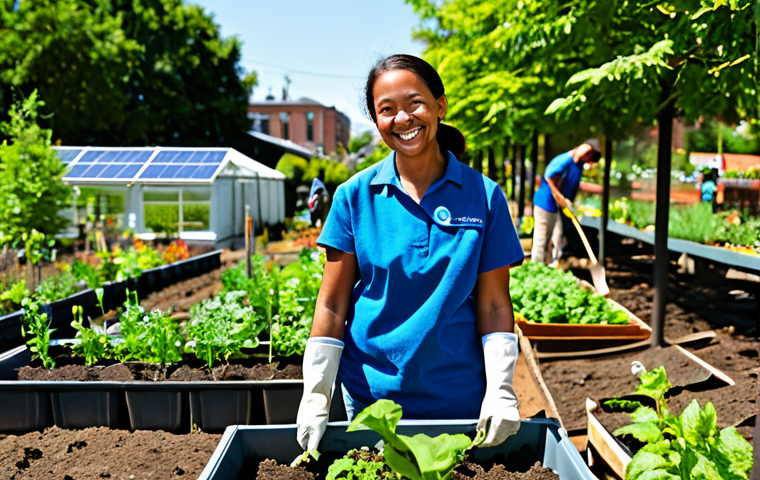 **
"A woman smiling, tending a vibrant community garden in a sunny urban setting. She is fully clothed in modest gardening attire, wearing gloves and holding a seedling. The background shows diverse people working together, lush greenery, and solar panels on nearby buildings. Focus on conveying a sense of hope, collaboration, and environmental consciousness. Perfect anatomy, natural proportions, safe for work, appropriate content, family-friendly."
**