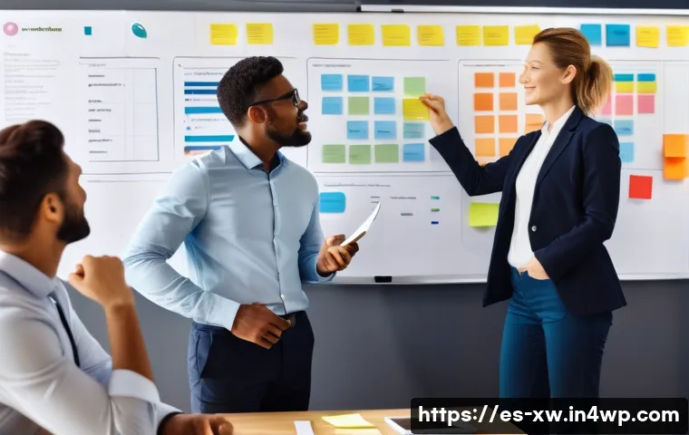 미션 스테이트먼트 작성의 효과적인 프레임워크 - A diverse team of professionals in a modern office setting passionately discussing core organization...