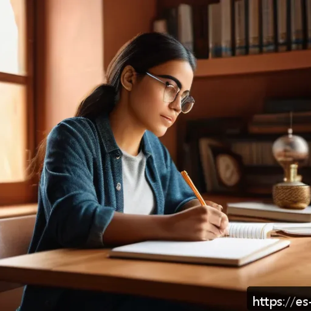 개인 미션 스테이트먼트 작성의 비법 - A thoughtful young Hispanic woman sitting at a wooden desk in a cozy home office, surrounded by note...