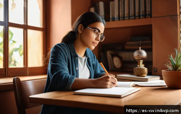 개인 미션 스테이트먼트 작성의 비법 - A thoughtful young Hispanic woman sitting at a wooden desk in a cozy home office, surrounded by note...