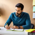Home 18 개인 미션 스테이트먼트 작성 팁 - A serene and inspiring home office scene with a Spanish-speaking professional in their 30s, dressed ...