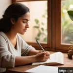 Home 23 개인 미션 스테이트먼트의 이해와 적용 - A thoughtful young Hispanic woman sitting peacefully at a cozy wooden desk by a sunny window, journa...