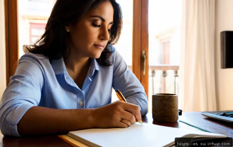 개인 미션 스테이트먼트 작성 후 변화 - Photorealistic Hispanic woman in her early 40s sitting at a sunlit home-office desk in Madrid, thoug...